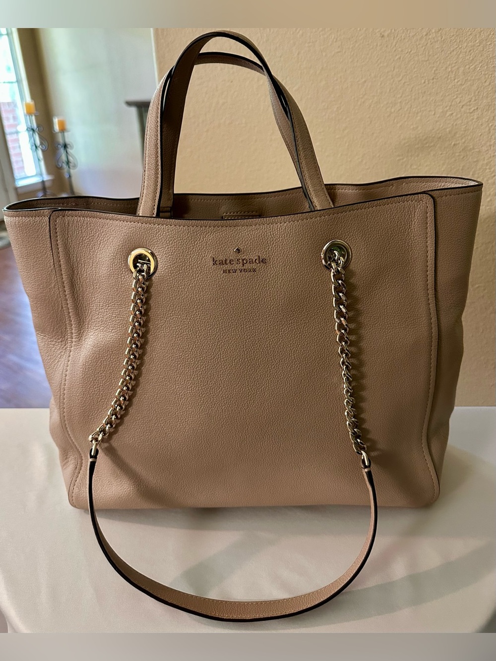 Kate Spade New York Pebbled Leather Tote Bag Neutral Beige Gold Chain